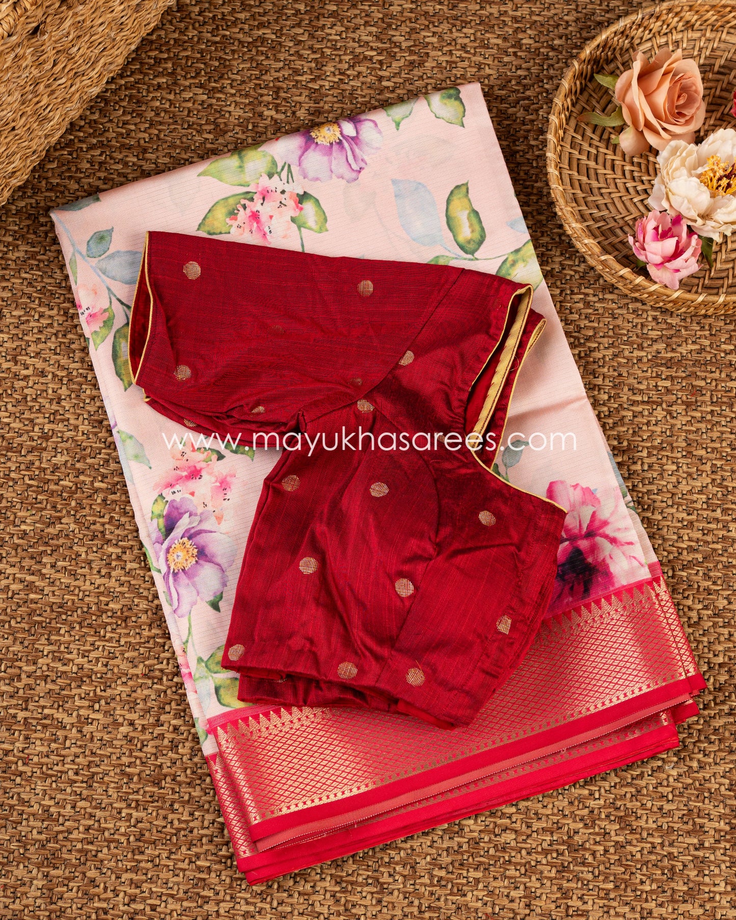 Eternal Blossoms Saree: Tassar Banarasi Blend With Floral Prints, Free Shipping! And Stitched Blouse In Size 38-44