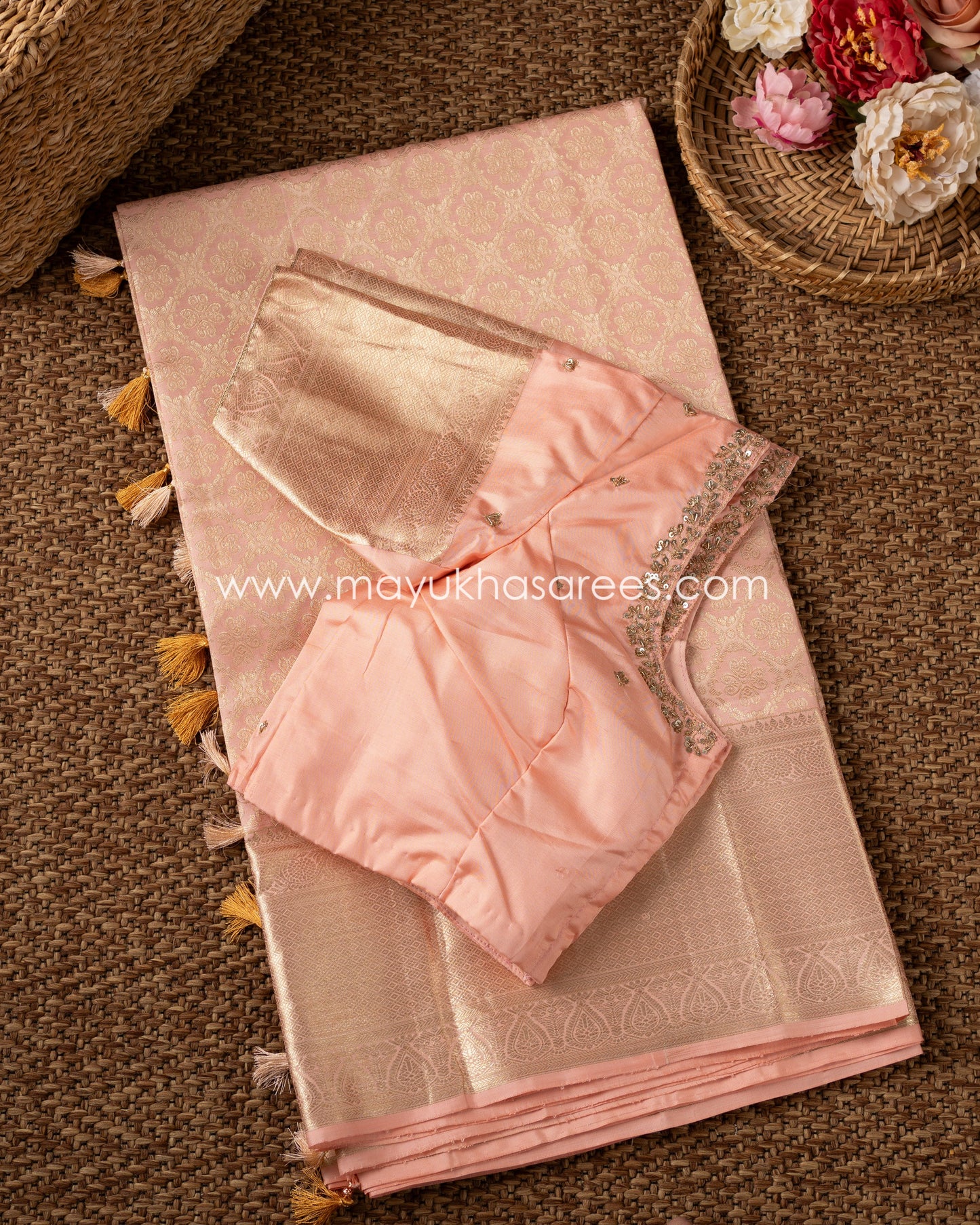 Peach Bloom: Timeless Kanchipuram Silk Saree With Free Shipping! And Stitched Blouse In Size 38-45