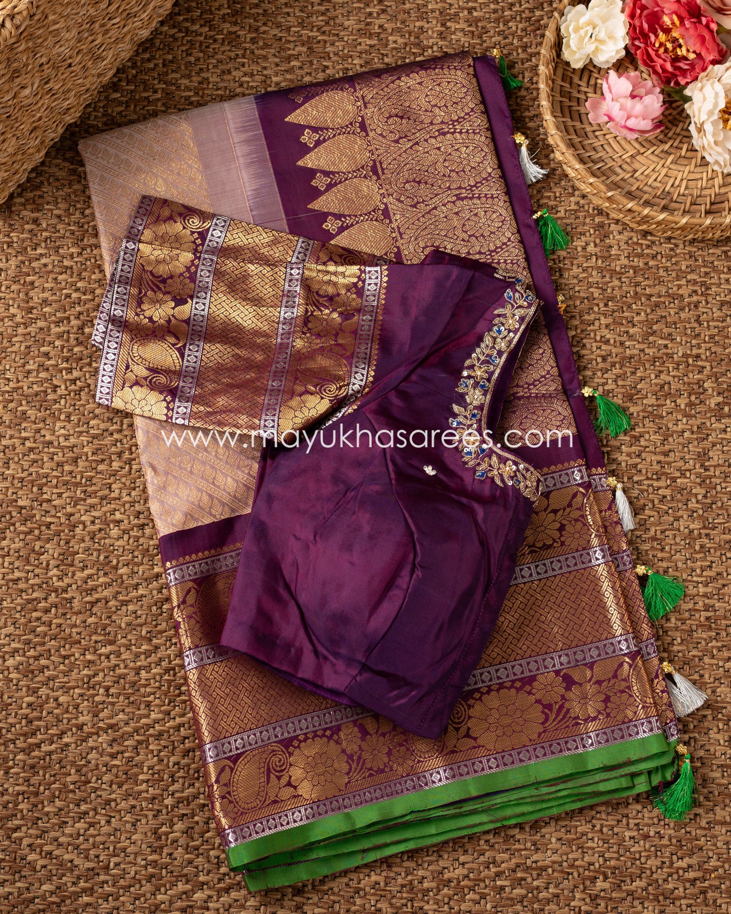 Royal Tapestry: Brocade Gadwal Weaving Saree, Free Shipping! And Stitched Blouse In Size 38-52