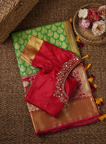Mystic Blossoms: Powerloom Brocade Kanchipuram Saree, Free Shipping! And Stitched Blouse In Size 38-54
