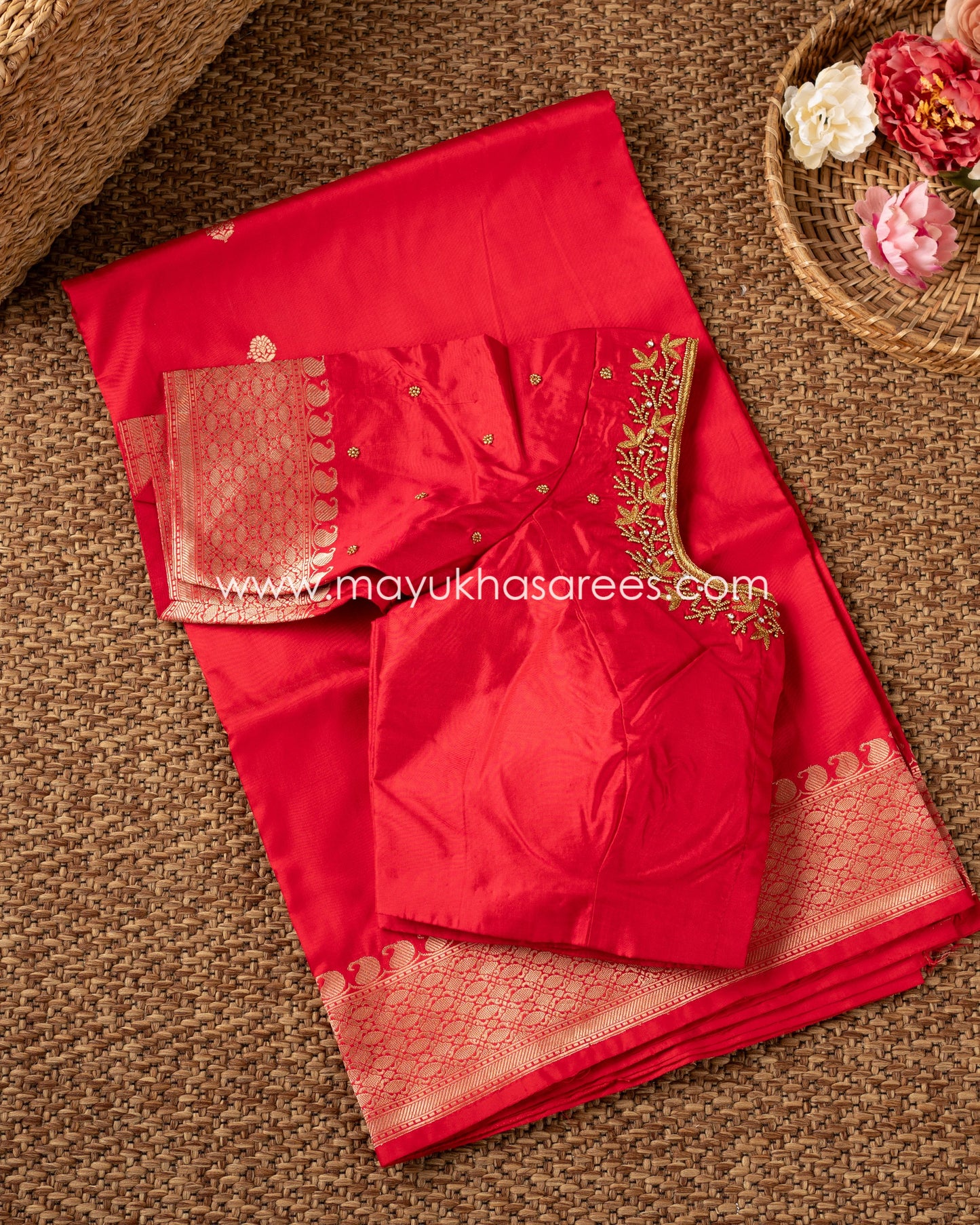 Crimson Elegance: Pure Banarasi Katan Silk Saree, Free Shipping And Stitched Blouse In Size 38-56