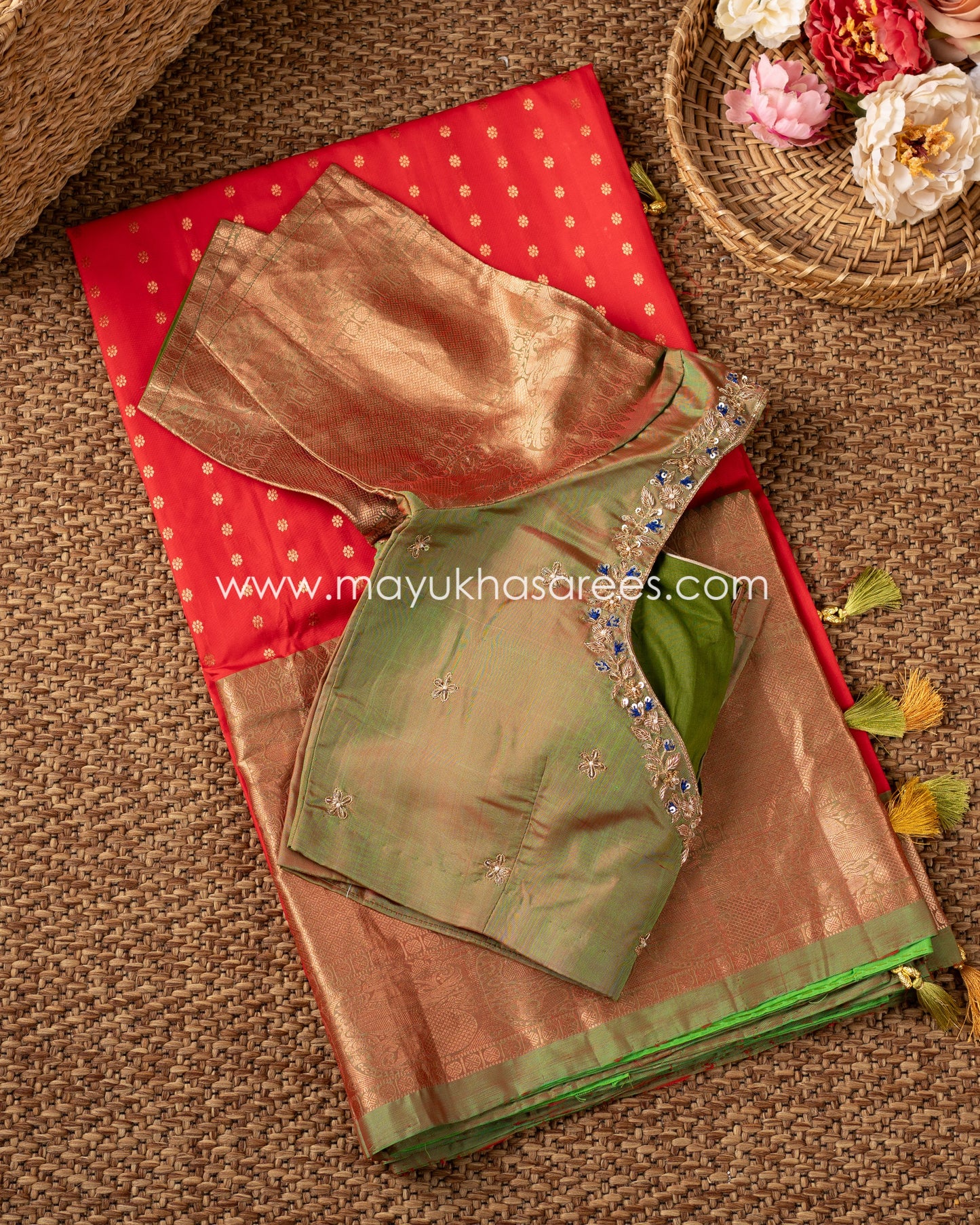 Fiesta Elegance: Kanchipuram Saree With 1000 Butties, Free Shipping! And Stitched Blouse In Size 38-58