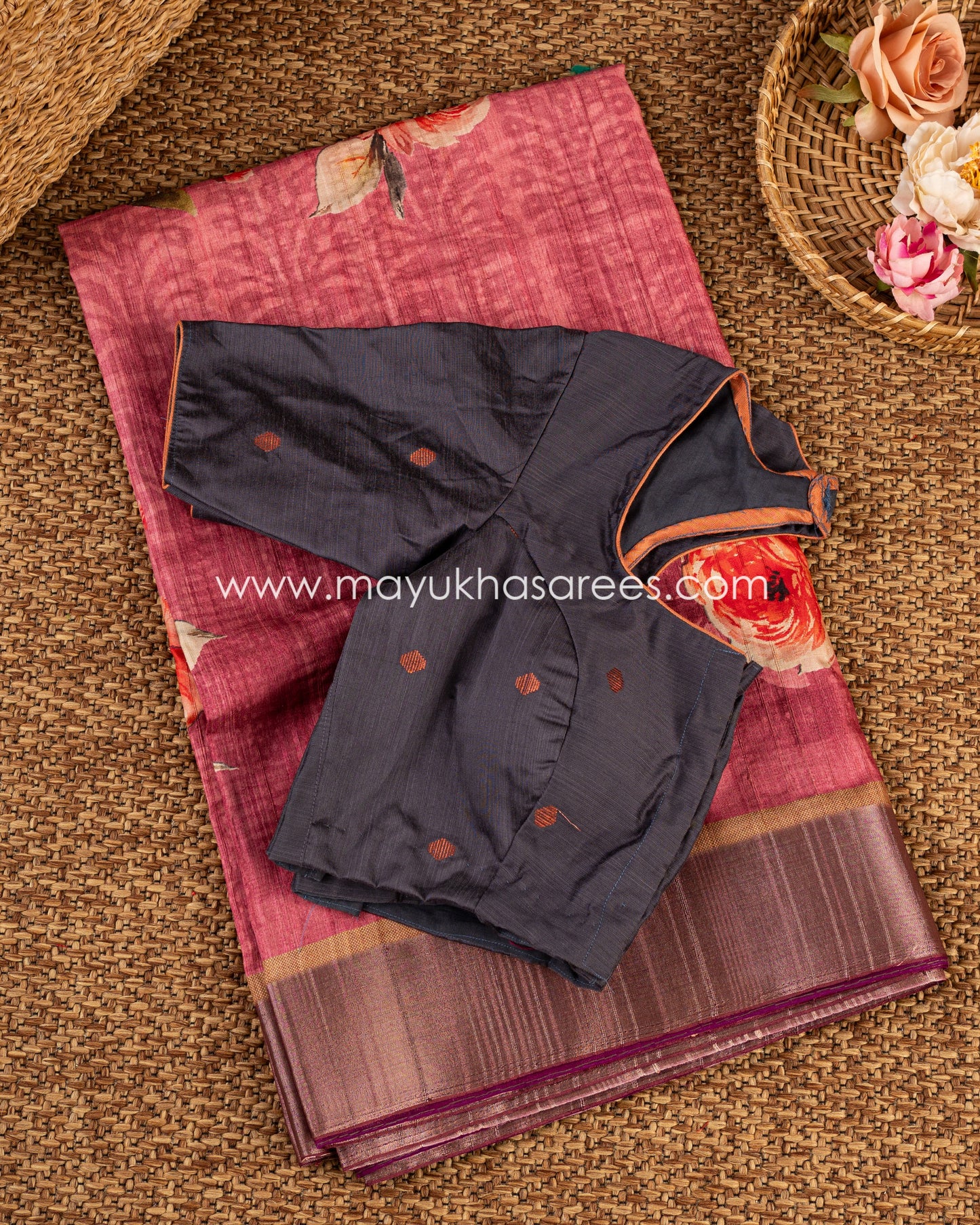 Floral Elegance: Tassar Banarasi Saree In Pink & Grey, Free Shipping! And Stitched Blouse In Size 38-60