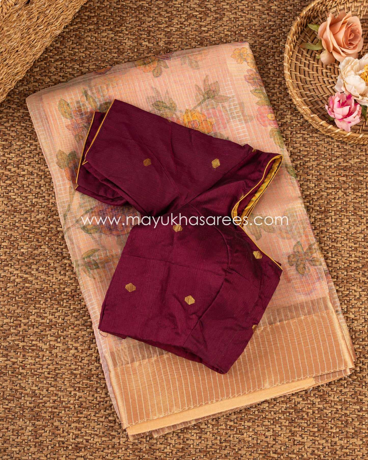 Eternal Bloom: Organza Saree With Floral Prints, Free Shipping And Stitched Blouse In Size 38-61
