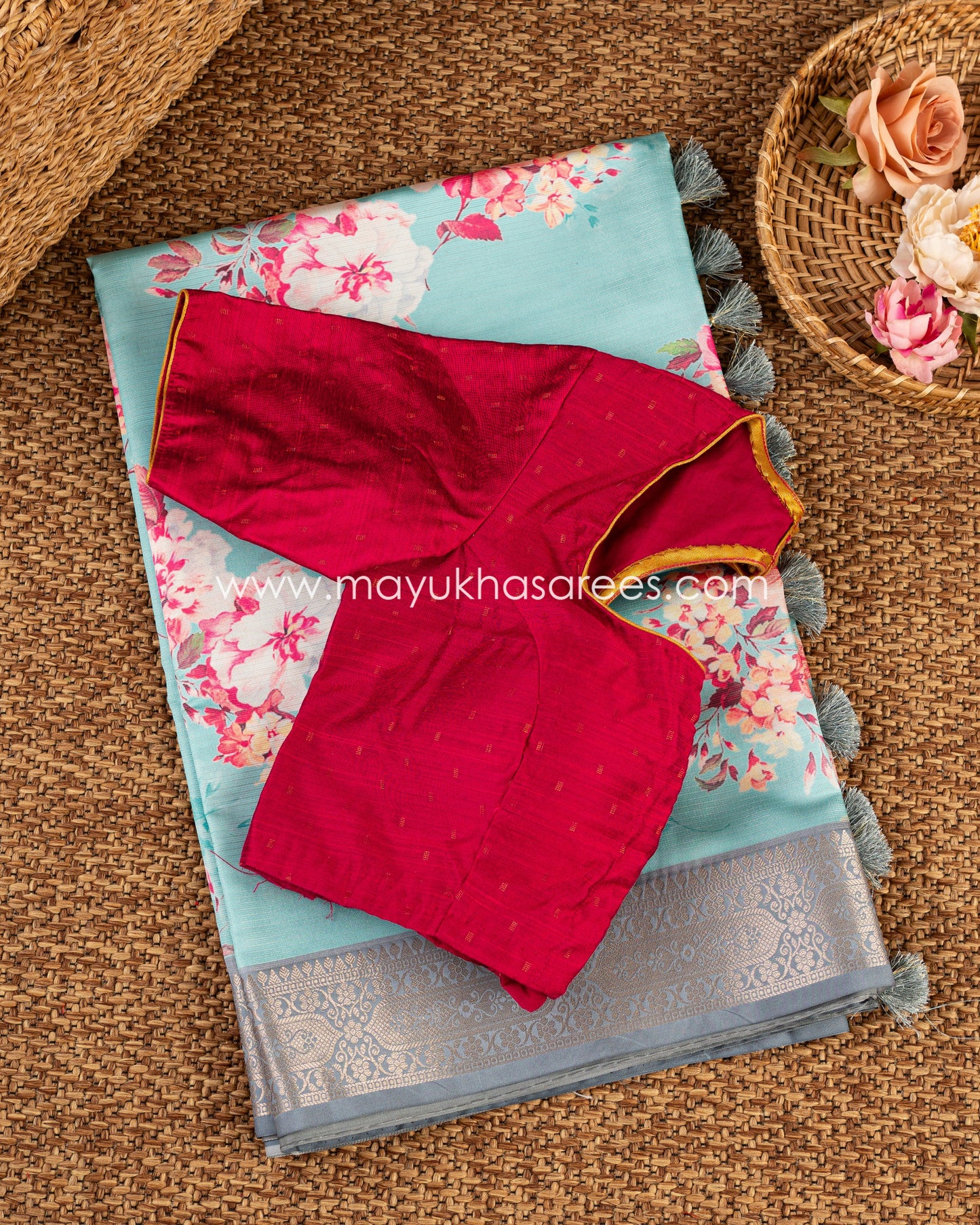 Regal Blooms: Tissue Tassar Banarasi Blend Saree, Floral Prints, Free Shipping And Stitched Blouse In Size 38-63