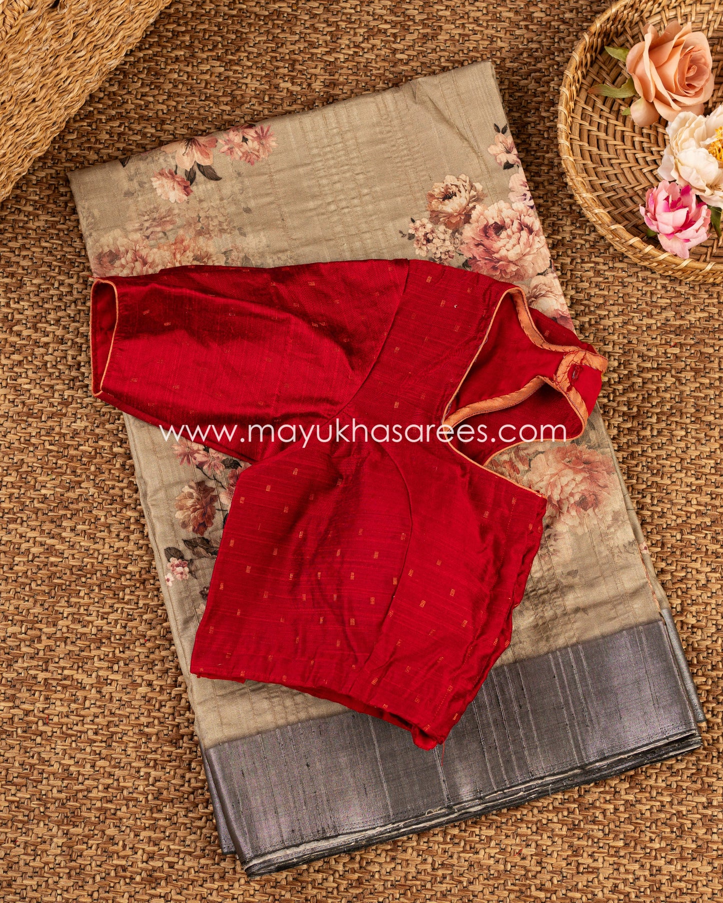 Opulent Florals: Tassar Banarasi Saree, Floral Prints, Free Shipping And Stitched Blouse In Size 38-64