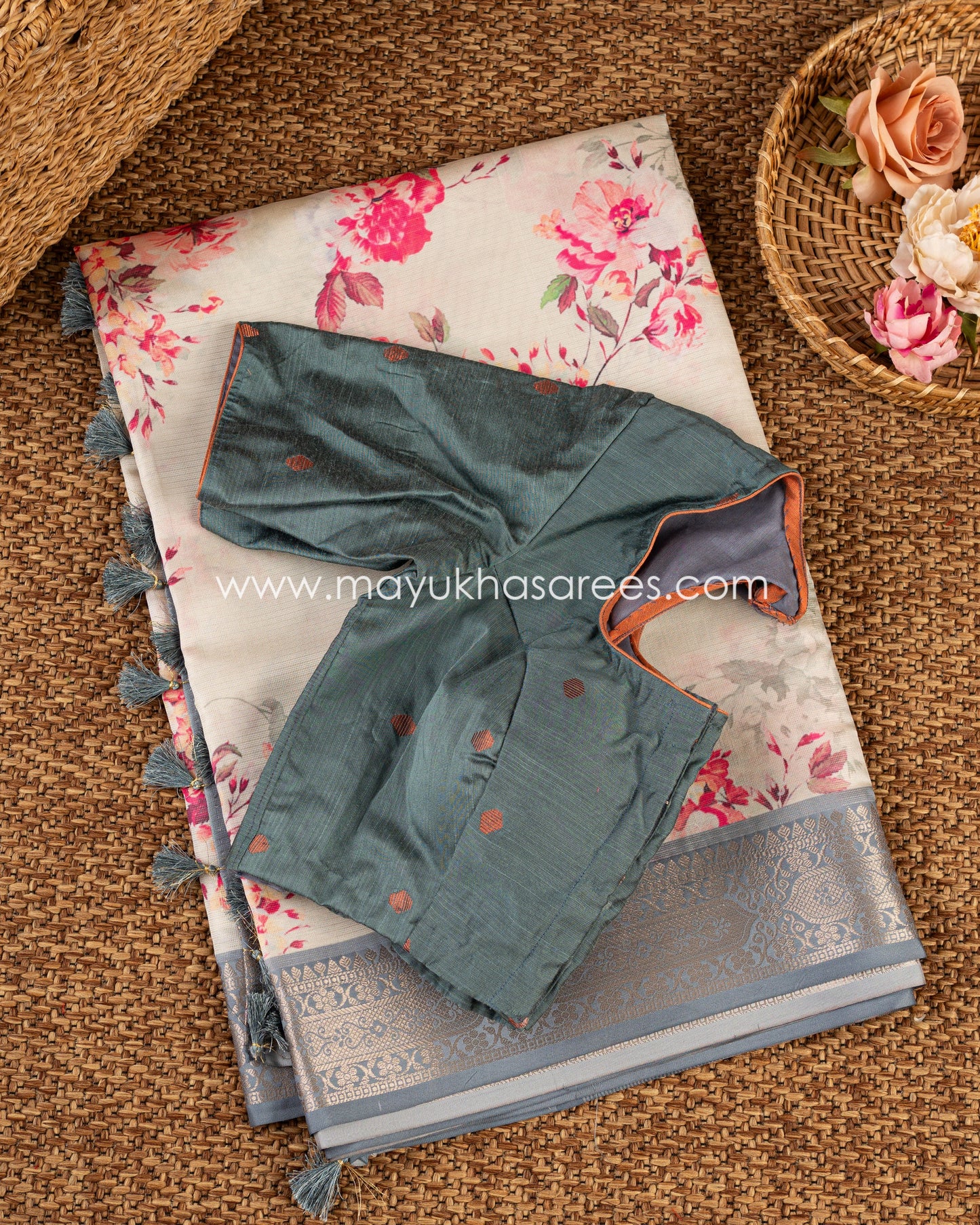 Peach Blossom Elegance: Tissue Tassar Banarasi Blend Saree, Floral Prints, Free Shipping And Stitched Blouse In Size 38-69