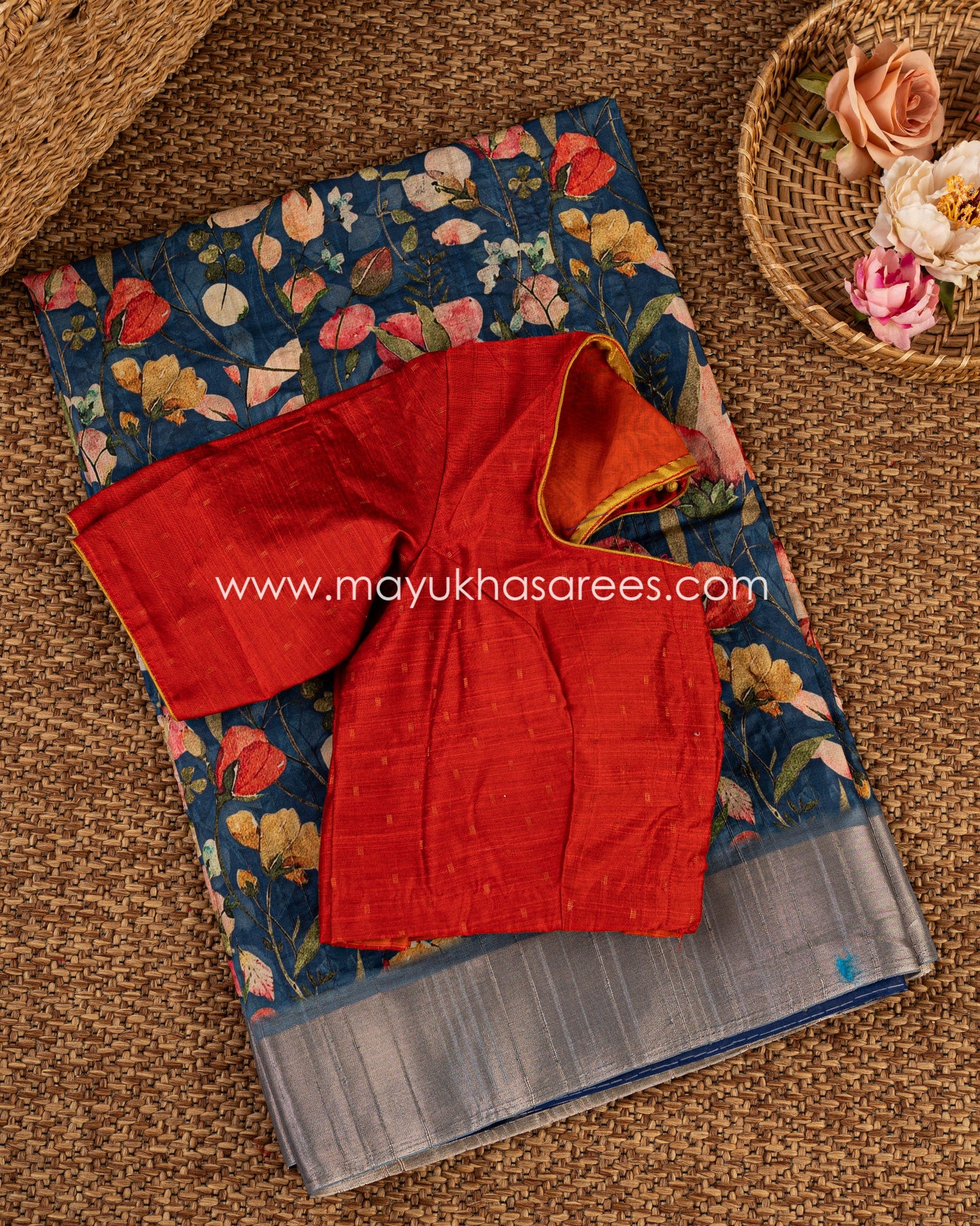 Regal Blooms: Tassar Banarasi Saree, Floral Prints, Free Shipping And Stitched Blouse In Size 38-66