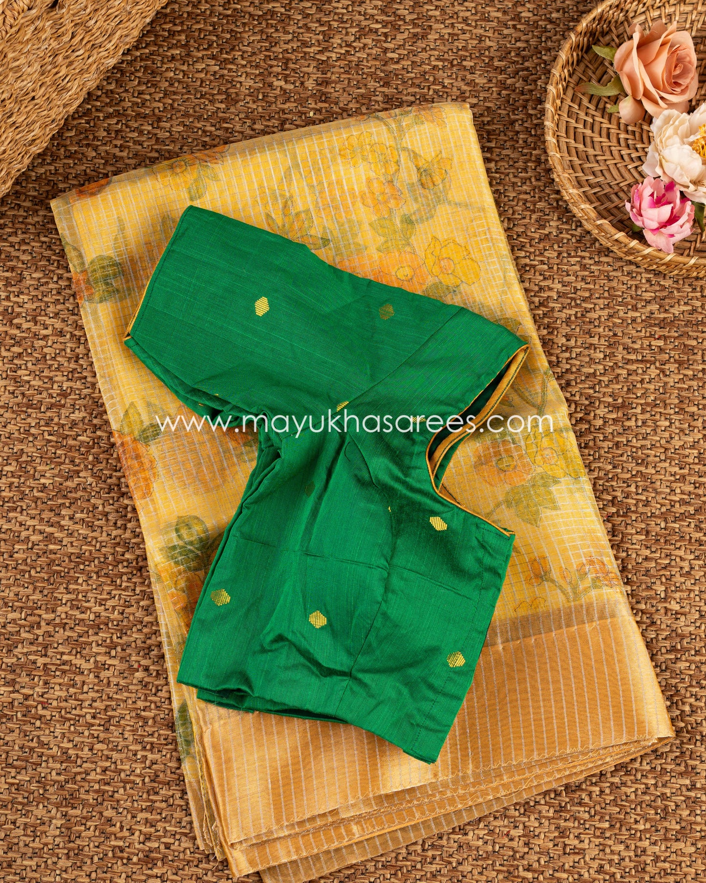 Blossom Harmony: Pure Organza Saree, Floral Prints, Free Shipping And Stitched Blouse In Size 38-68