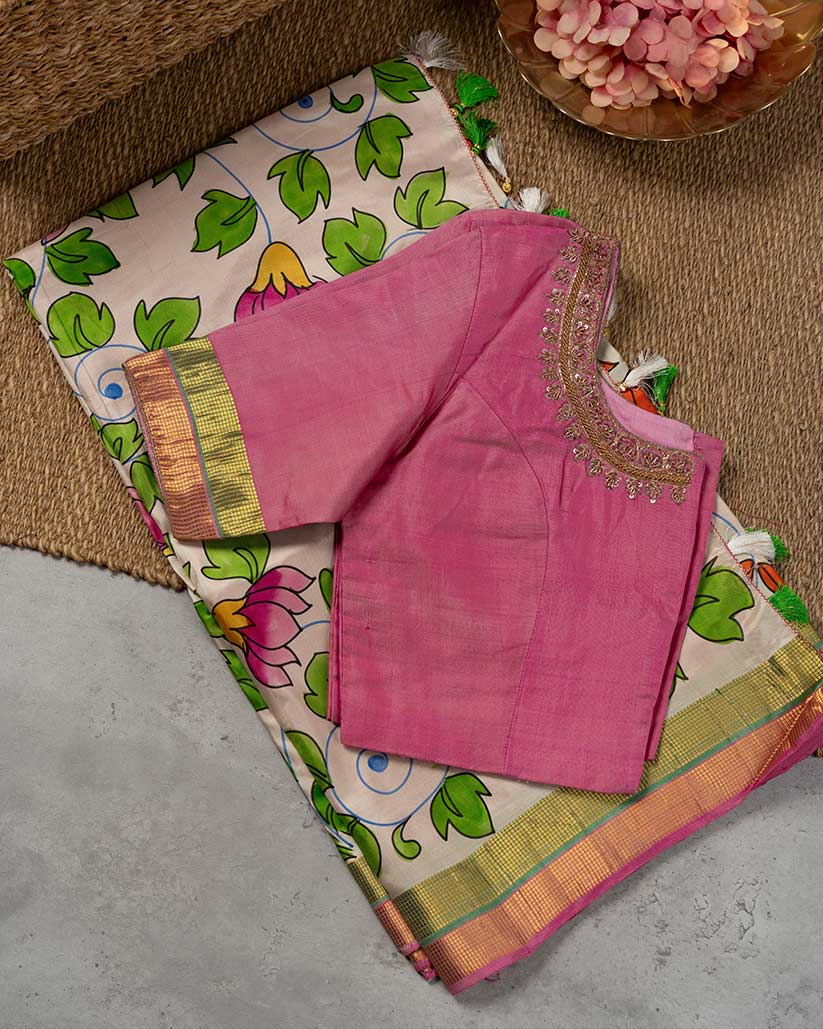 Kalamkari Hand Painted Off white Kanchipuram with double color border | Blouse Size 38-44” | Free Shipping