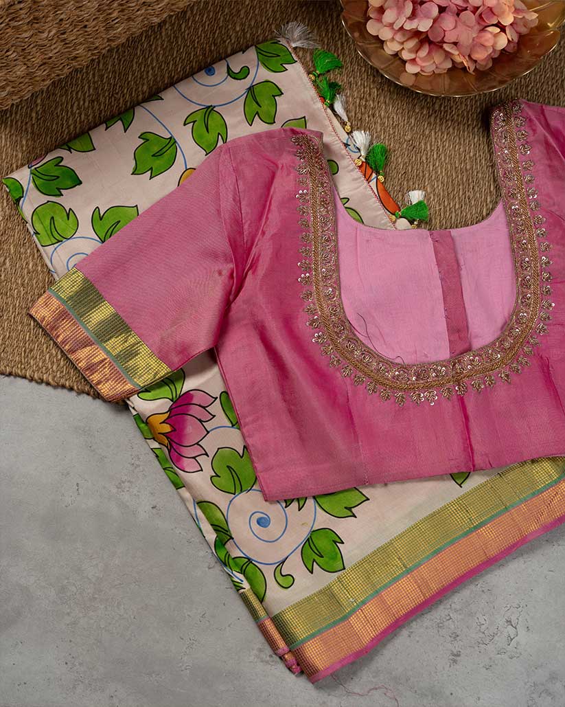 Kalamkari Hand Painted Off white Kanchipuram with double color border | Blouse Size 38-44” | Free Shipping