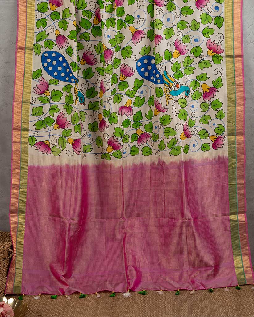Kalamkari Hand Painted Off white Kanchipuram with double color border | Blouse Size 38-44” | Free Shipping