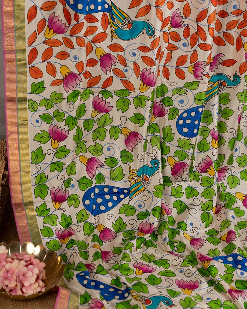 Kalamkari Hand Painted Off white Kanchipuram with double color border | Blouse Size 38-44” | Free Shipping