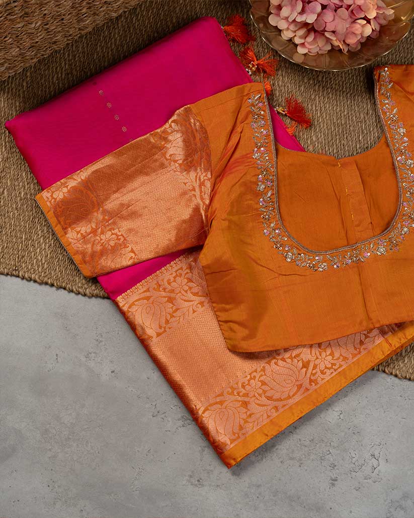 Magenta Pink Kanchipuram Silk Saree with 1000 Butties and Mustard Handwork Blouse | Blouse Size 38-44” | Free Shipping