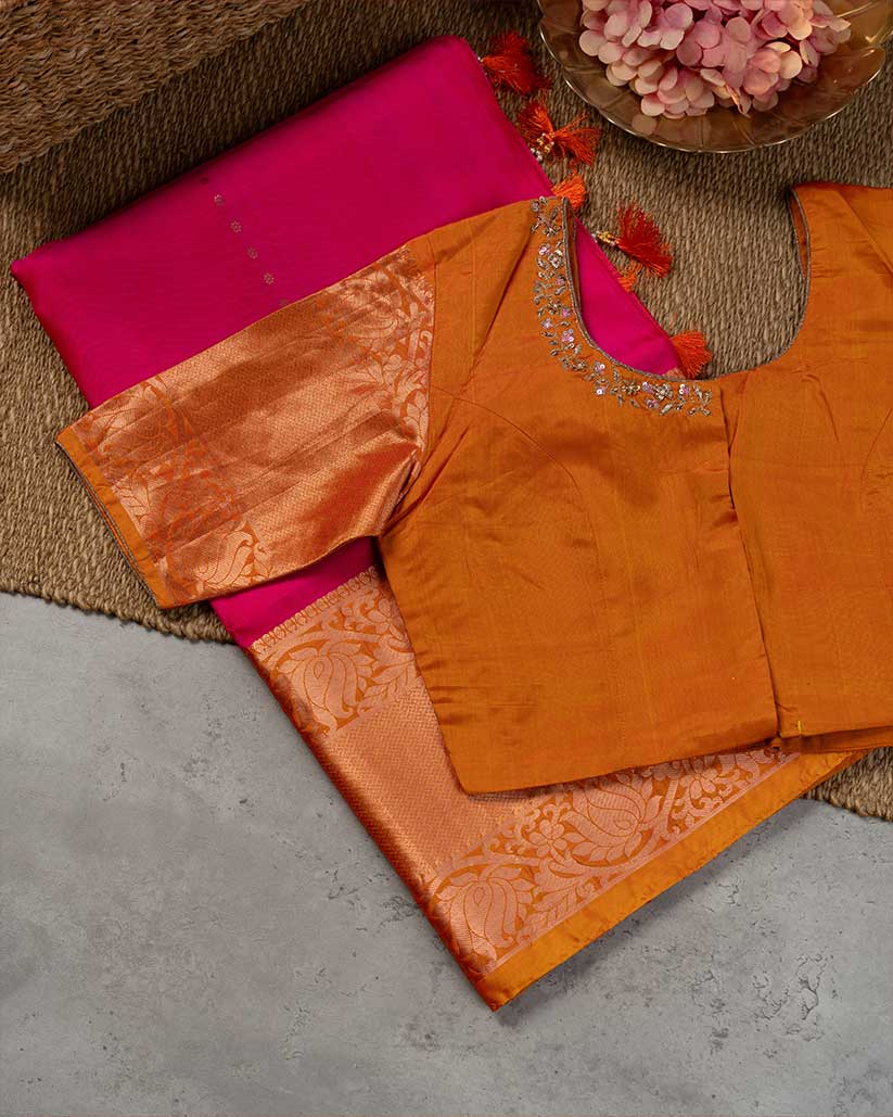 Magenta Pink Kanchipuram Silk Saree with 1000 Butties and Mustard Handwork Blouse | Blouse Size 38-44” | Free Shipping