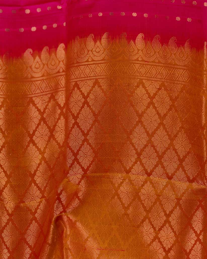 Magenta Pink Kanchipuram Silk Saree with 1000 Butties and Mustard Handwork Blouse | Blouse Size 38-44” | Free Shipping