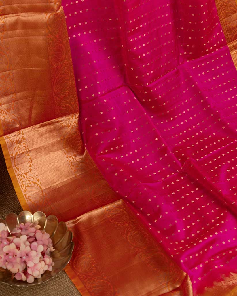 Magenta Pink Kanchipuram Silk Saree with 1000 Butties and Mustard Handwork Blouse | Blouse Size 38-44” | Free Shipping