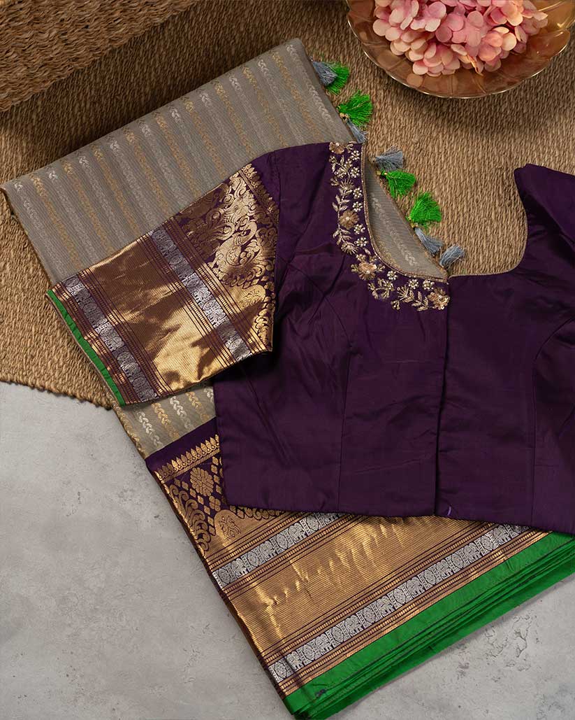 Snuff Brocade Gadwal Silk saree with Purple and Green Salvage Border with Handwork Purple Blouse | Blouse Size 38-44” | Free Shipping