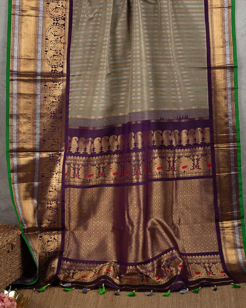 Snuff Brocade Gadwal Silk saree with Purple and Green Salvage Border with Handwork Purple Blouse | Blouse Size 38-44” | Free Shipping
