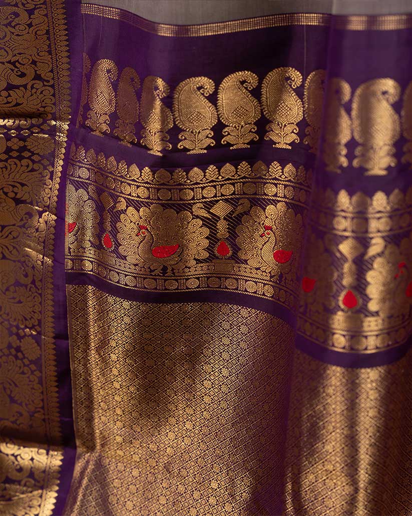 Snuff Brocade Gadwal Silk saree with Purple and Green Salvage Border with Handwork Purple Blouse | Blouse Size 38-44” | Free Shipping