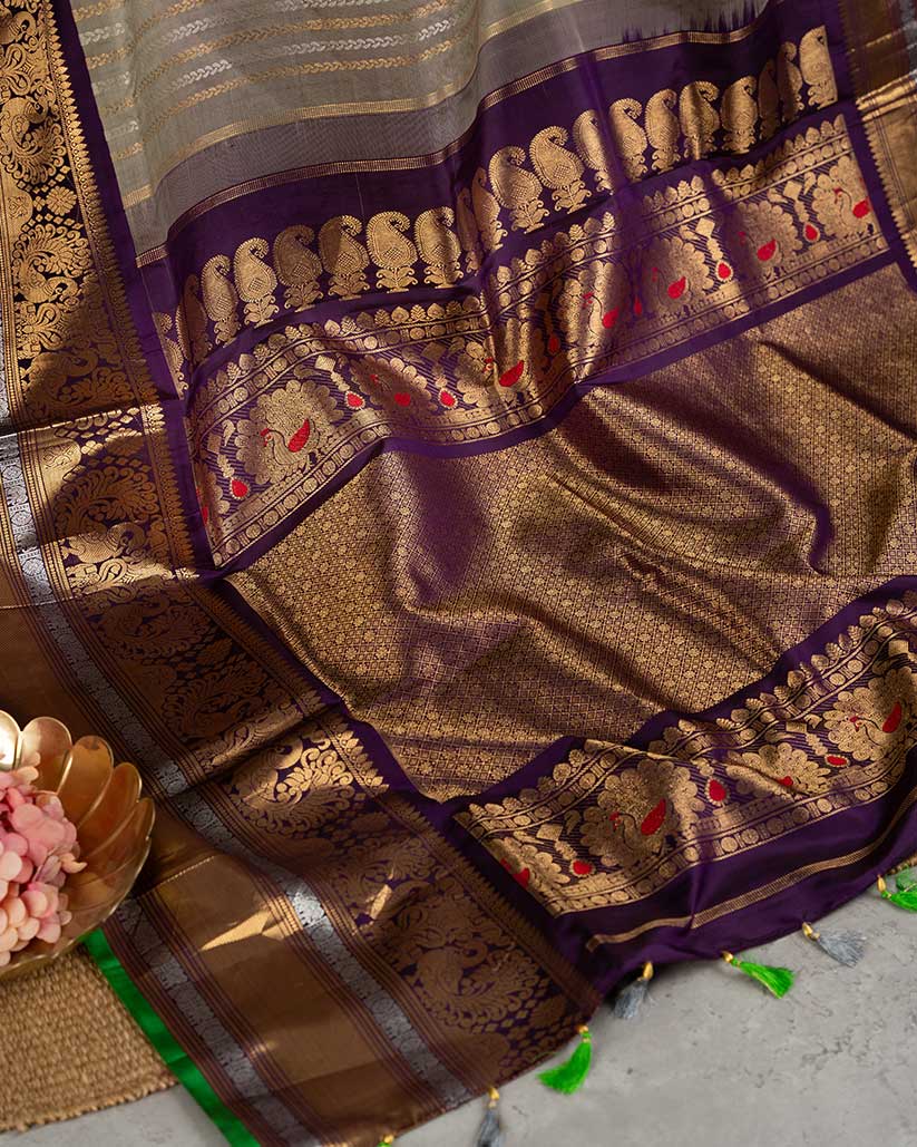 Snuff Brocade Gadwal Silk saree with Purple and Green Salvage Border with Handwork Purple Blouse | Blouse Size 38-44” | Free Shipping