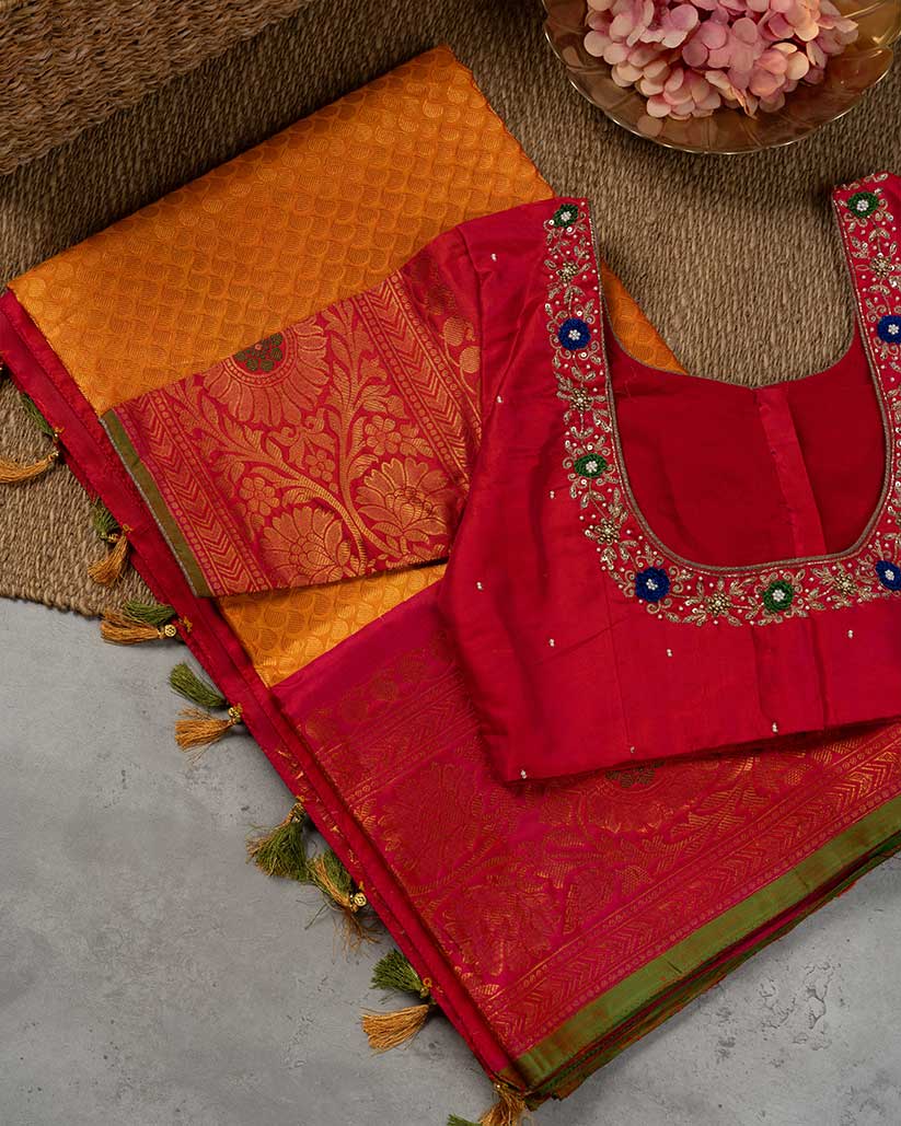 Golden Yellow Brocade Gadwal Silk Saree with Red Handwork Blouse | Blouse Size 38-44” | Free Shipping