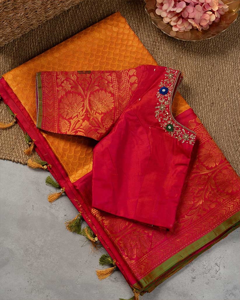 Golden Yellow Brocade Gadwal Silk Saree with Red Handwork Blouse | Blouse Size 38-44” | Free Shipping