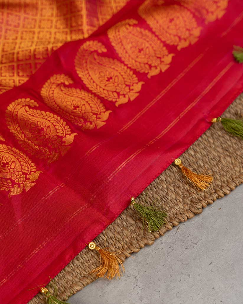 Golden Yellow Brocade Gadwal Silk Saree with Red Handwork Blouse | Blouse Size 38-44” | Free Shipping