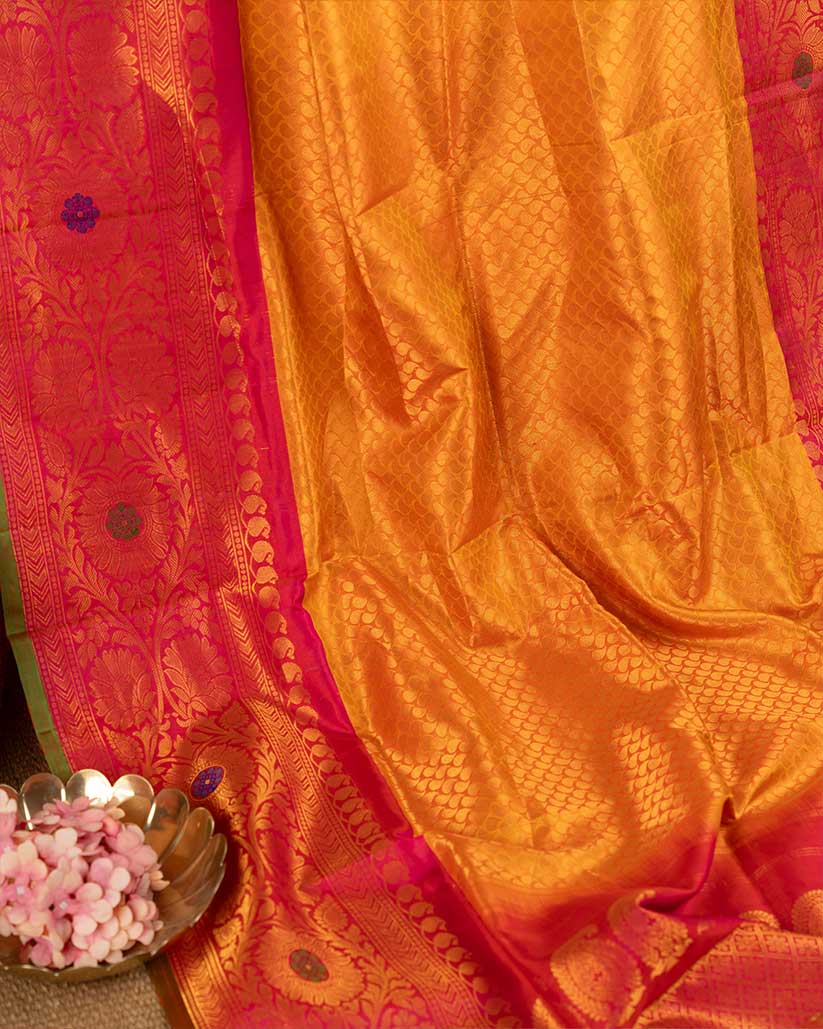 Golden Yellow Brocade Gadwal Silk Saree with Red Handwork Blouse | Blouse Size 38-44” | Free Shipping