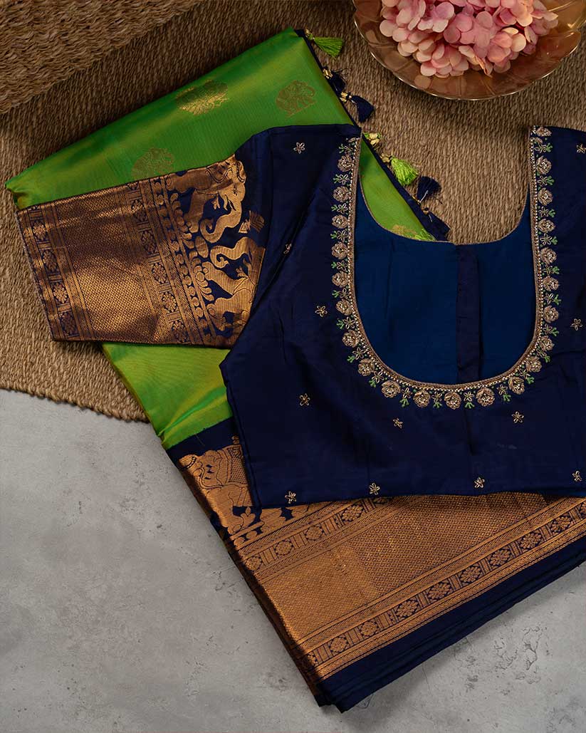 Bright Green Gadwal Silk saree with Elephant Motiff woven borders and Navy Blue Zardosi Handwork Blouse | Blouse Size 38-44” | Free Shipping