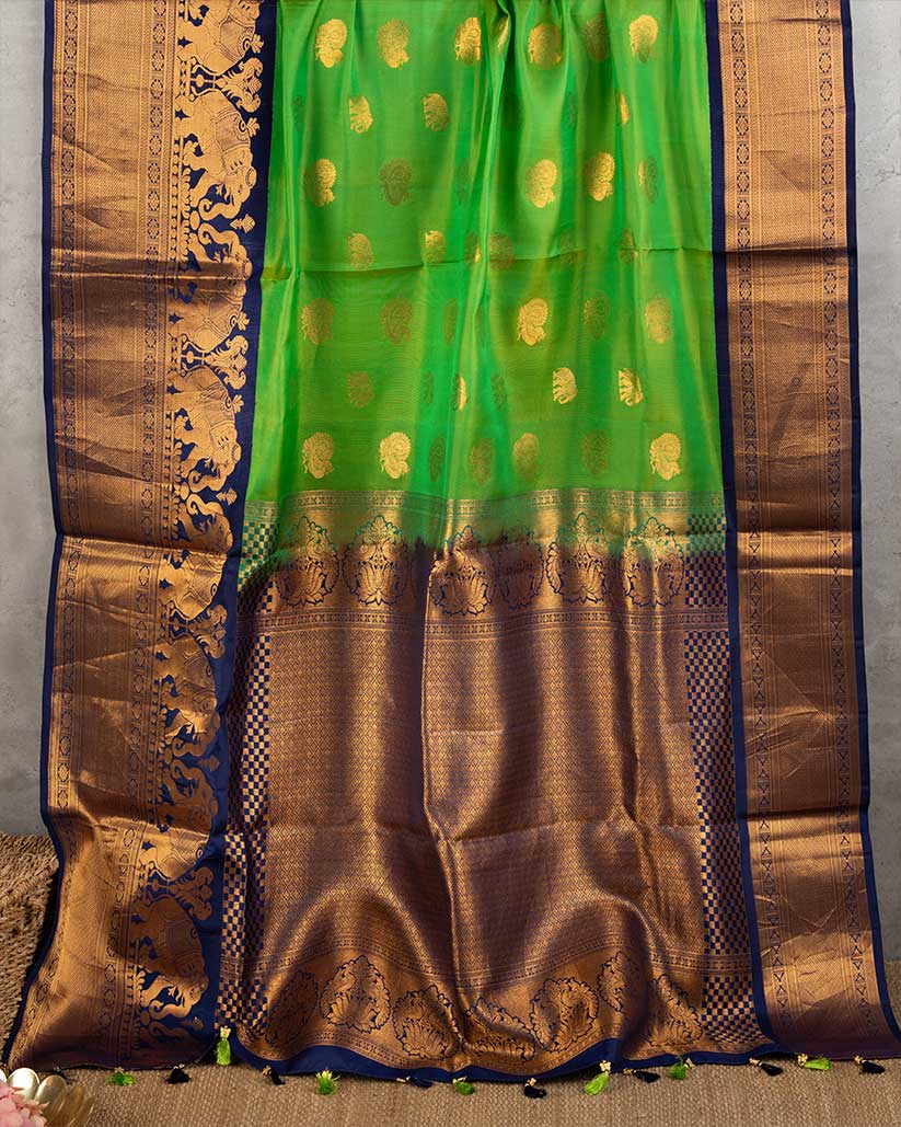 Bright Green Gadwal Silk saree with Elephant Motiff woven borders and Navy Blue Zardosi Handwork Blouse | Blouse Size 38-44” | Free Shipping