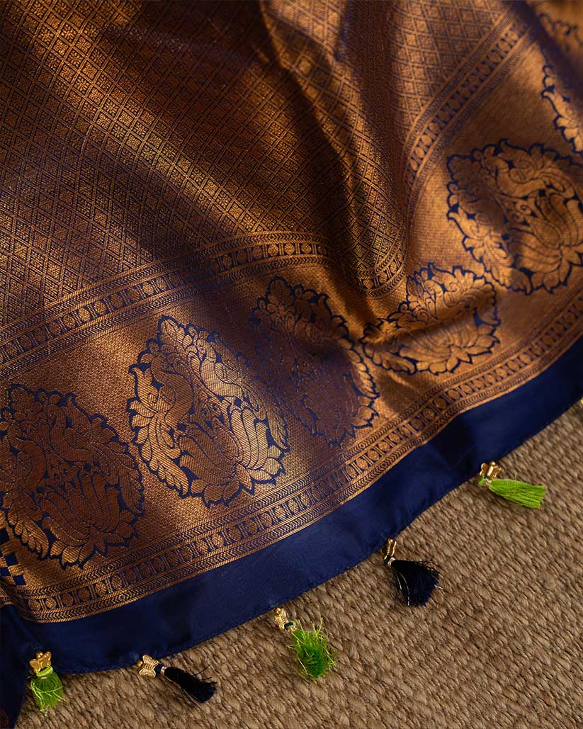 Bright Green Gadwal Silk saree with Elephant Motiff woven borders and Navy Blue Zardosi Handwork Blouse | Blouse Size 38-44” | Free Shipping