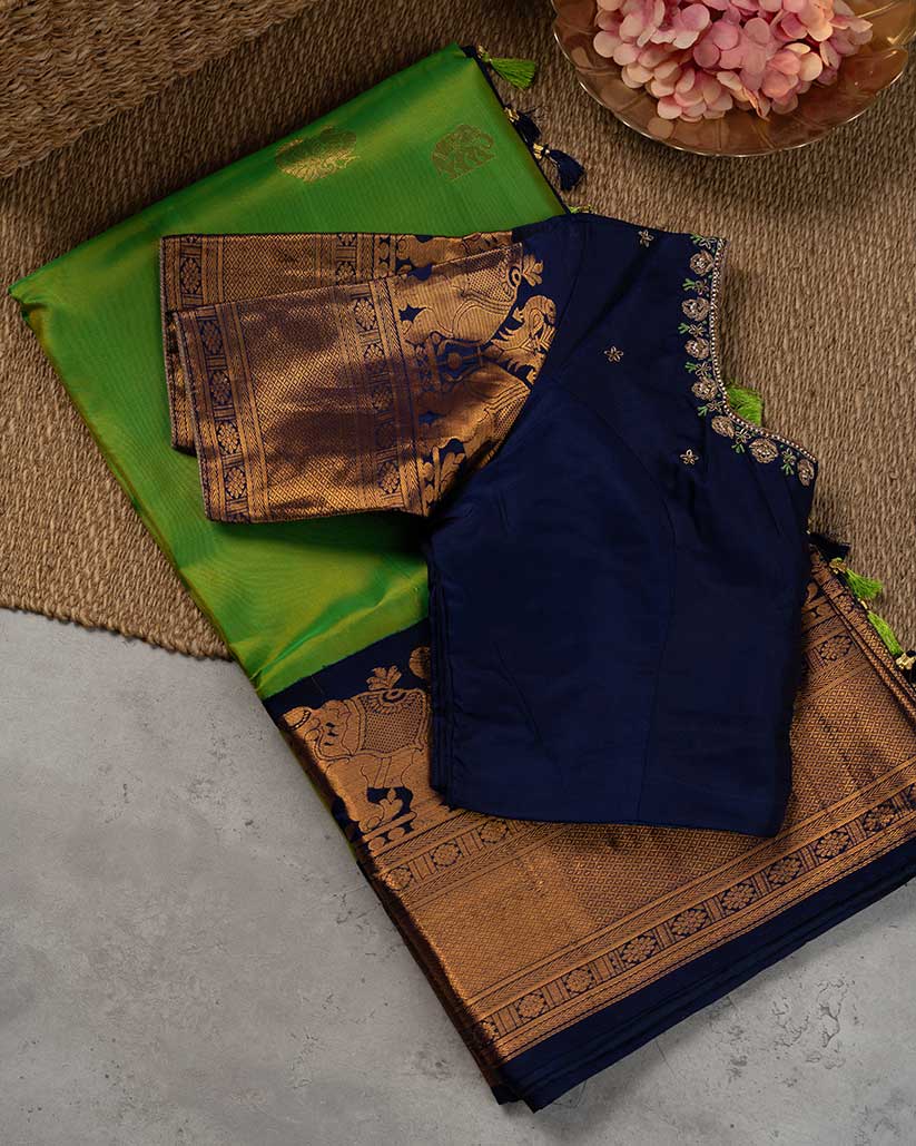 Bright Green Gadwal Silk saree with Elephant Motiff woven borders and Navy Blue Zardosi Handwork Blouse | Blouse Size 38-44” | Free Shipping