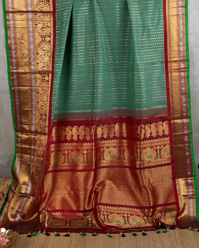Teal Green Gadwal Brocade Silk saree with Maroon Cutdana Zardosi Handwork Blouse | Blouse Size 38-44” | Free Shipping