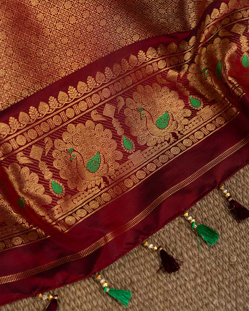 Teal Green Gadwal Brocade Silk saree with Maroon Cutdana Zardosi Handwork Blouse | Blouse Size 38-44” | Free Shipping