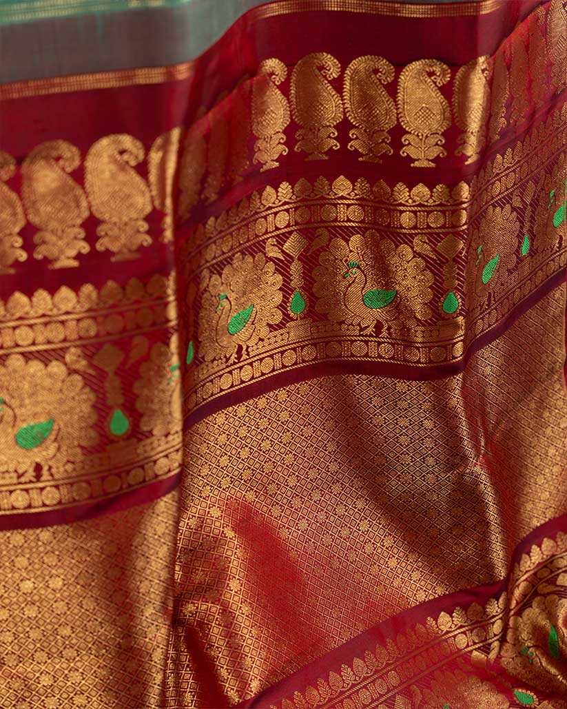 Teal Green Gadwal Brocade Silk saree with Maroon Cutdana Zardosi Handwork Blouse | Blouse Size 38-44” | Free Shipping