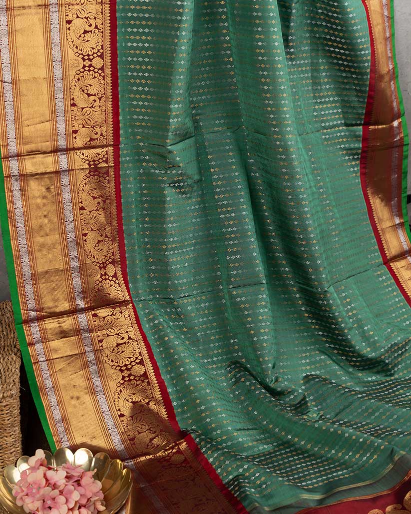 Teal Green Gadwal Brocade Silk saree with Maroon Cutdana Zardosi Handwork Blouse | Blouse Size 38-44” | Free Shipping