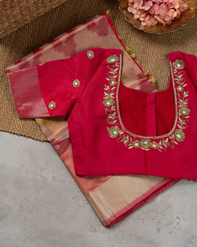 Ikkat Printed Silk Saree with Peach Handwork cutdana work Blouse | Blouse Size 38-44” | Free Shipping