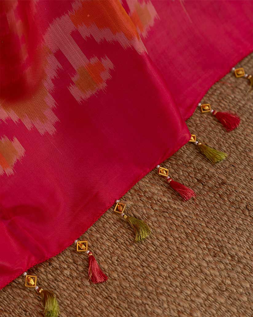Ikkat Printed Silk Saree with Peach Handwork cutdana work Blouse | Blouse Size 38-44” | Free Shipping
