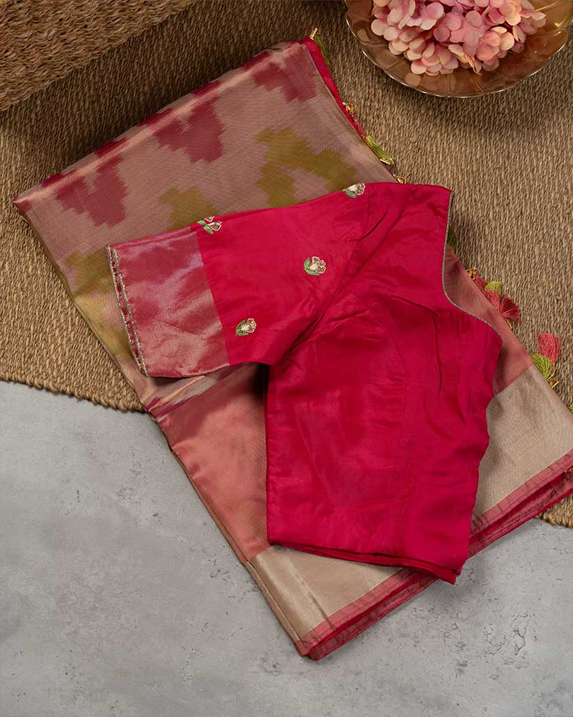 Ikkat Printed Silk Saree with Peach Handwork cutdana work Blouse | Blouse Size 38-44” | Free Shipping
