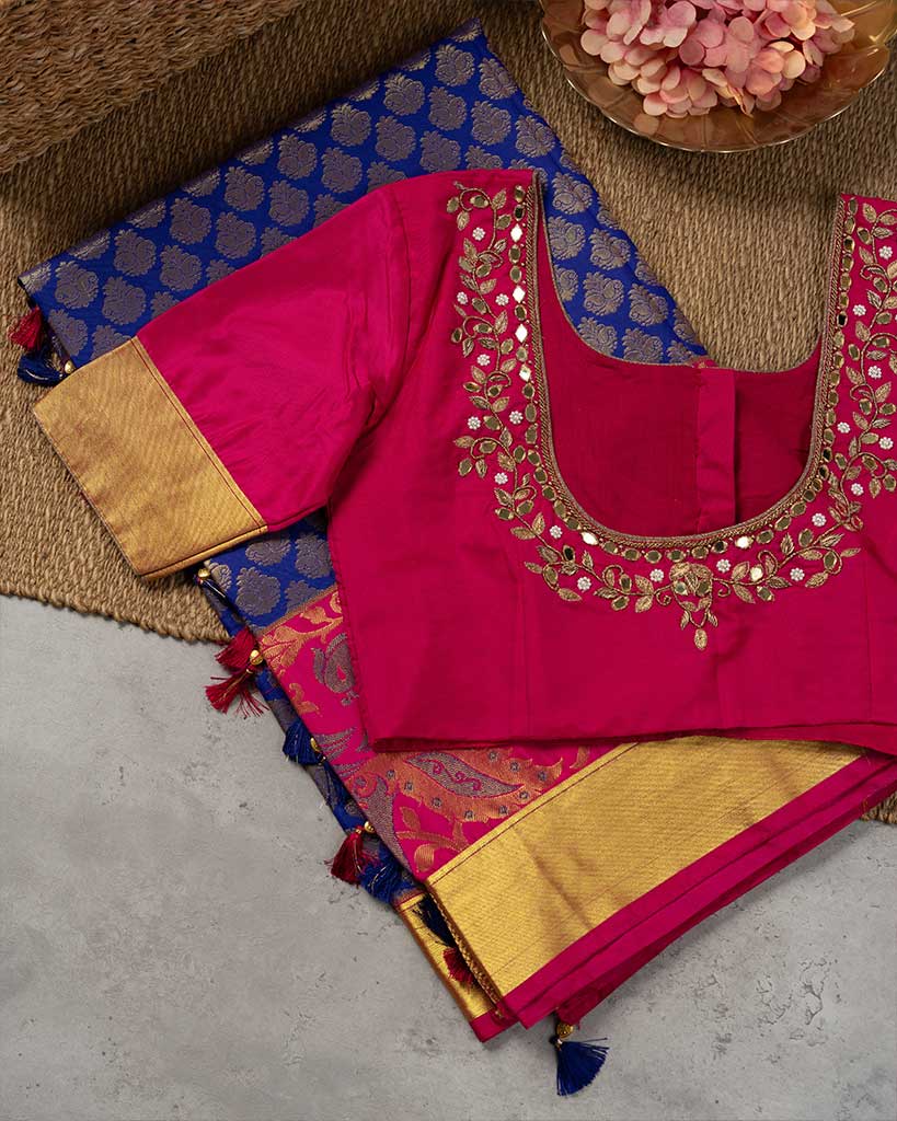 Powerloom Brocade Kanchipuram Saree And Stitched Blouse In Size | Blouse Size 38-44 | Free Shipping