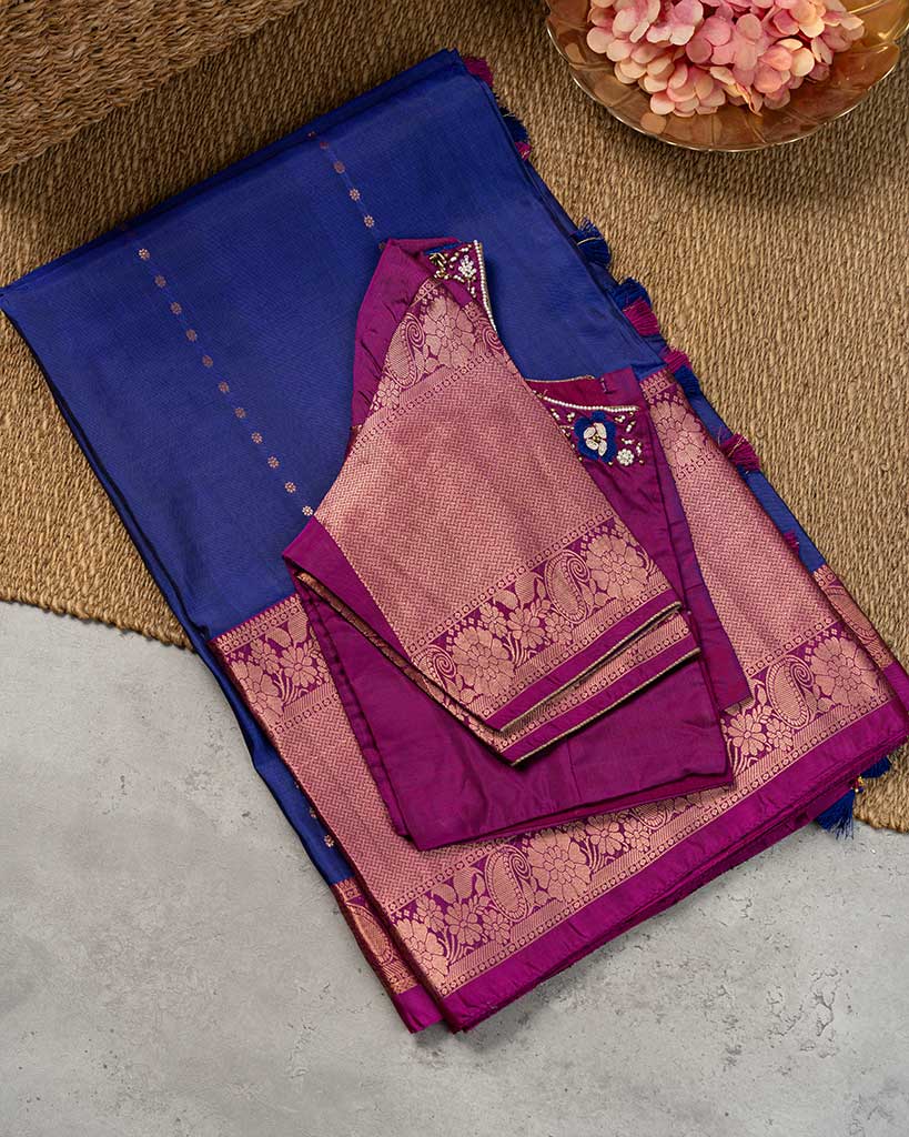 Royal Blue and Purple Kanchipuram Silk Saree with 1000 Butties motiffs and Handwork Blouse | Blouse Size 38-44 | Free Shipping