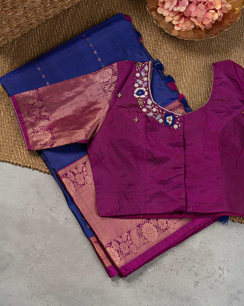 Royal Blue and Purple Kanchipuram Silk Saree with 1000 Butties motiffs and Handwork Blouse | Blouse Size 38-44 | Free Shipping