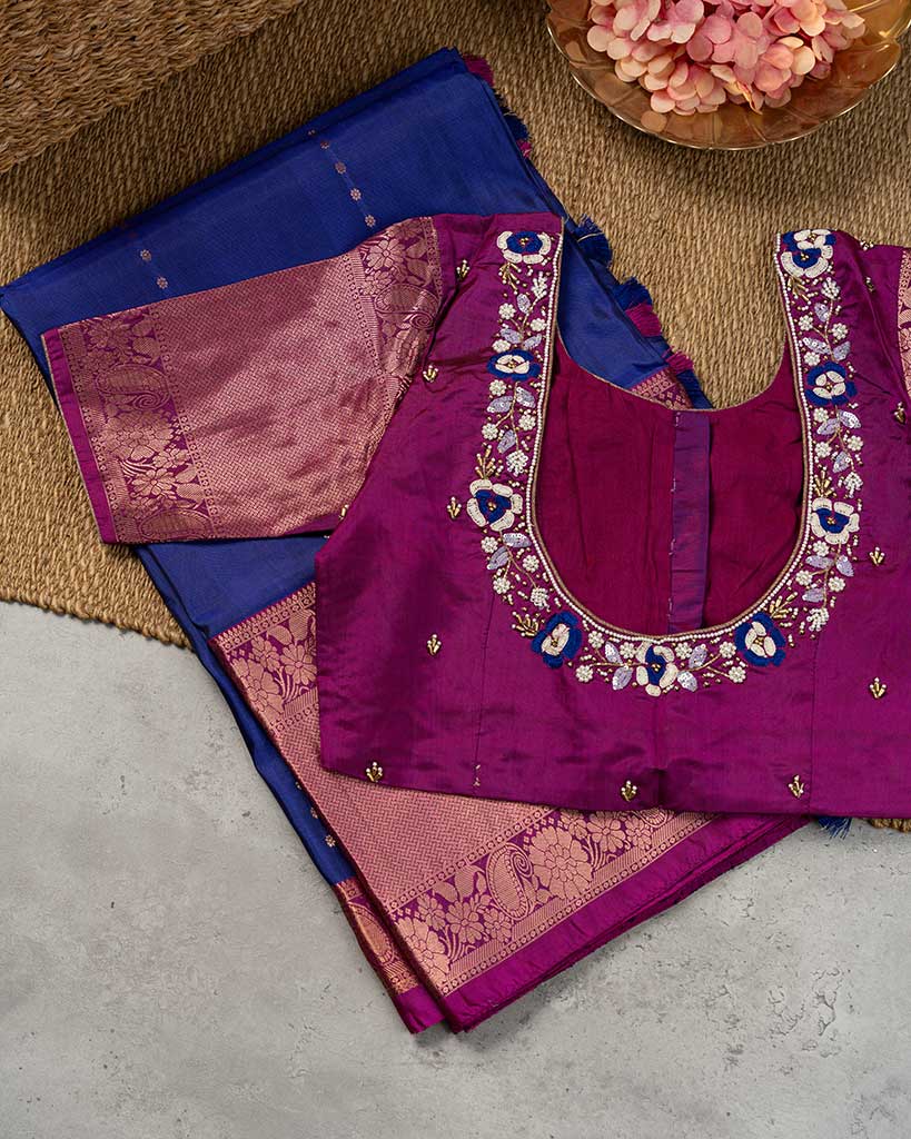 Royal Blue and Purple Kanchipuram Silk Saree with 1000 Butties motiffs and Handwork Blouse | Blouse Size 38-44 | Free Shipping