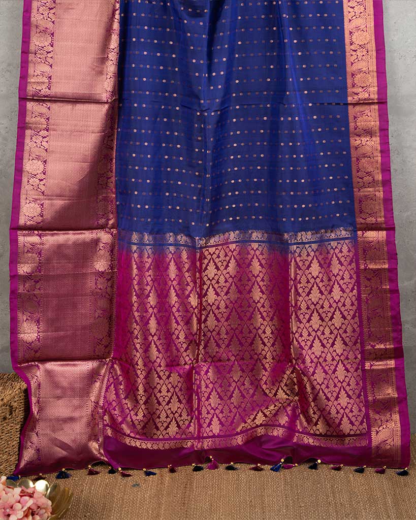 Royal Blue and Purple Kanchipuram Silk Saree with 1000 Butties motiffs and Handwork Blouse | Blouse Size 38-44 | Free Shipping