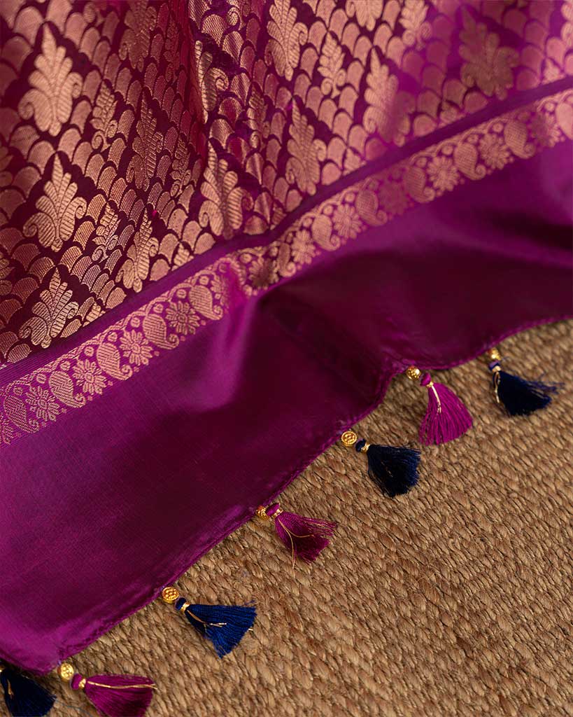 Royal Blue and Purple Kanchipuram Silk Saree with 1000 Butties motiffs and Handwork Blouse | Blouse Size 38-44 | Free Shipping