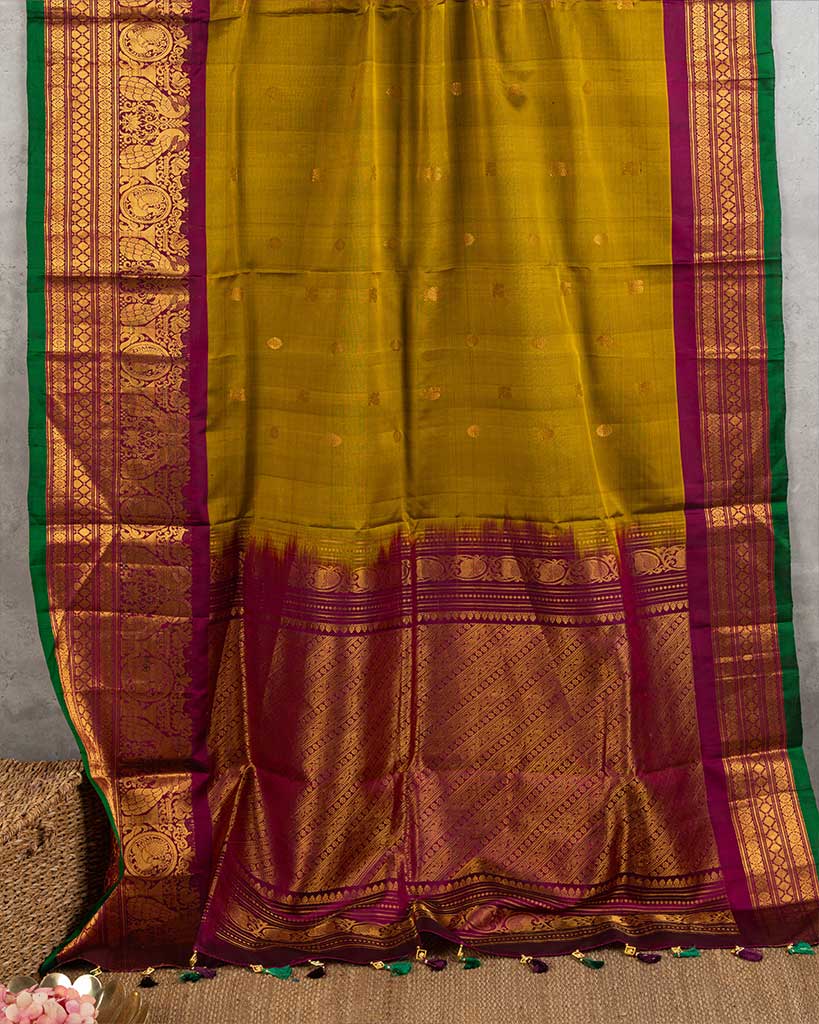 Mustard Gadwal Pure Silk with Uniquely crafted Peacock and Lotus Borders in Purple and Hand Embroidered Blouse | Blouse Size 38-44 | Free Shipping