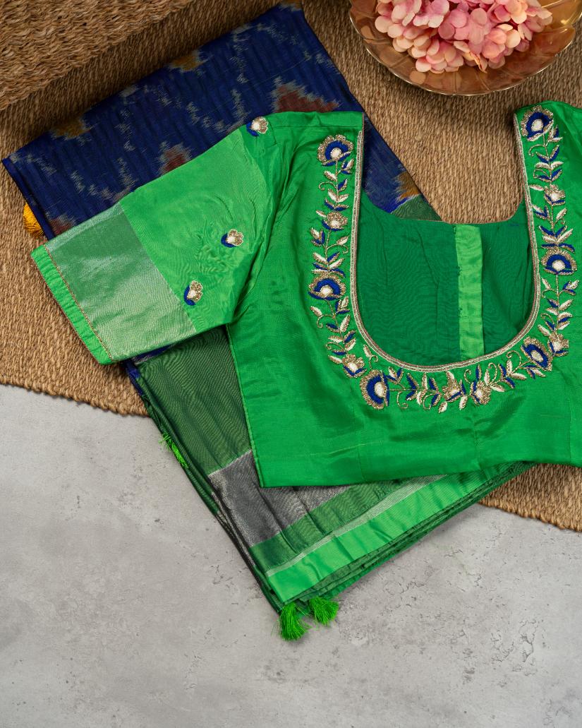 Dark Blue Ikkat Printed Silk Saree with Green Handwork Blouse | Blouse Size 38-44 | Free Shipping