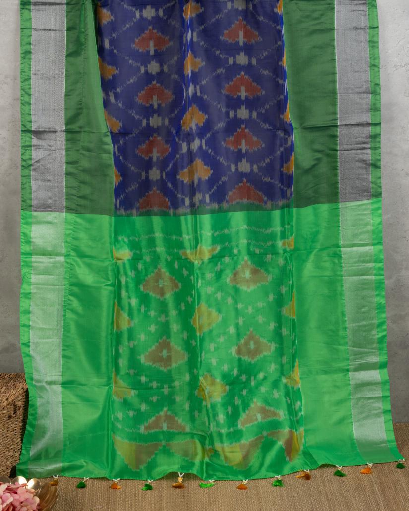 Dark Blue Ikkat Printed Silk Saree with Green Handwork Blouse | Blouse Size 38-44 | Free Shipping