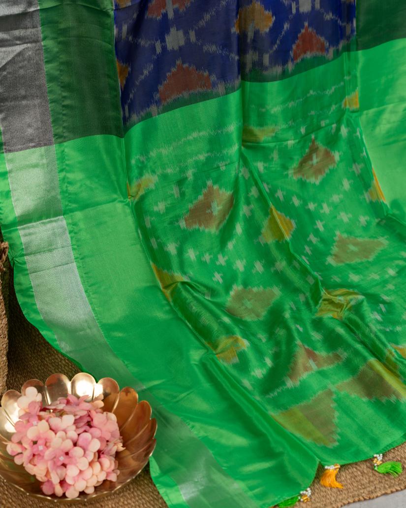 Dark Blue Ikkat Printed Silk Saree with Green Handwork Blouse | Blouse Size 38-44 | Free Shipping